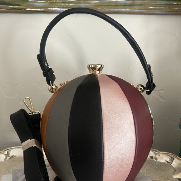 Vegan Leather Spherical Shoulder Bag With Colorful Stripes And Top Handle - Picture 6 of 6